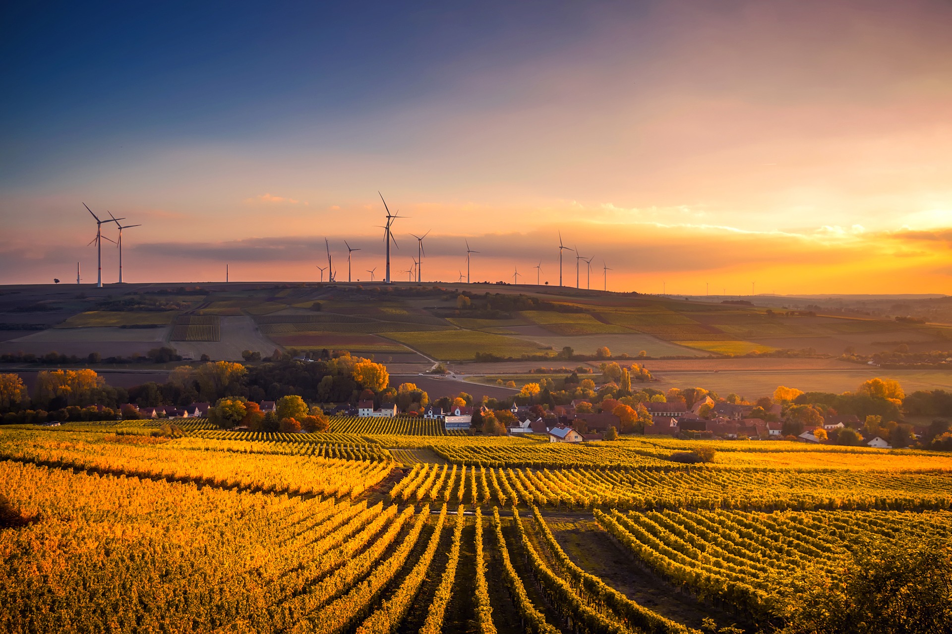 A vista of the German countryside with cropfields and wind turbines.